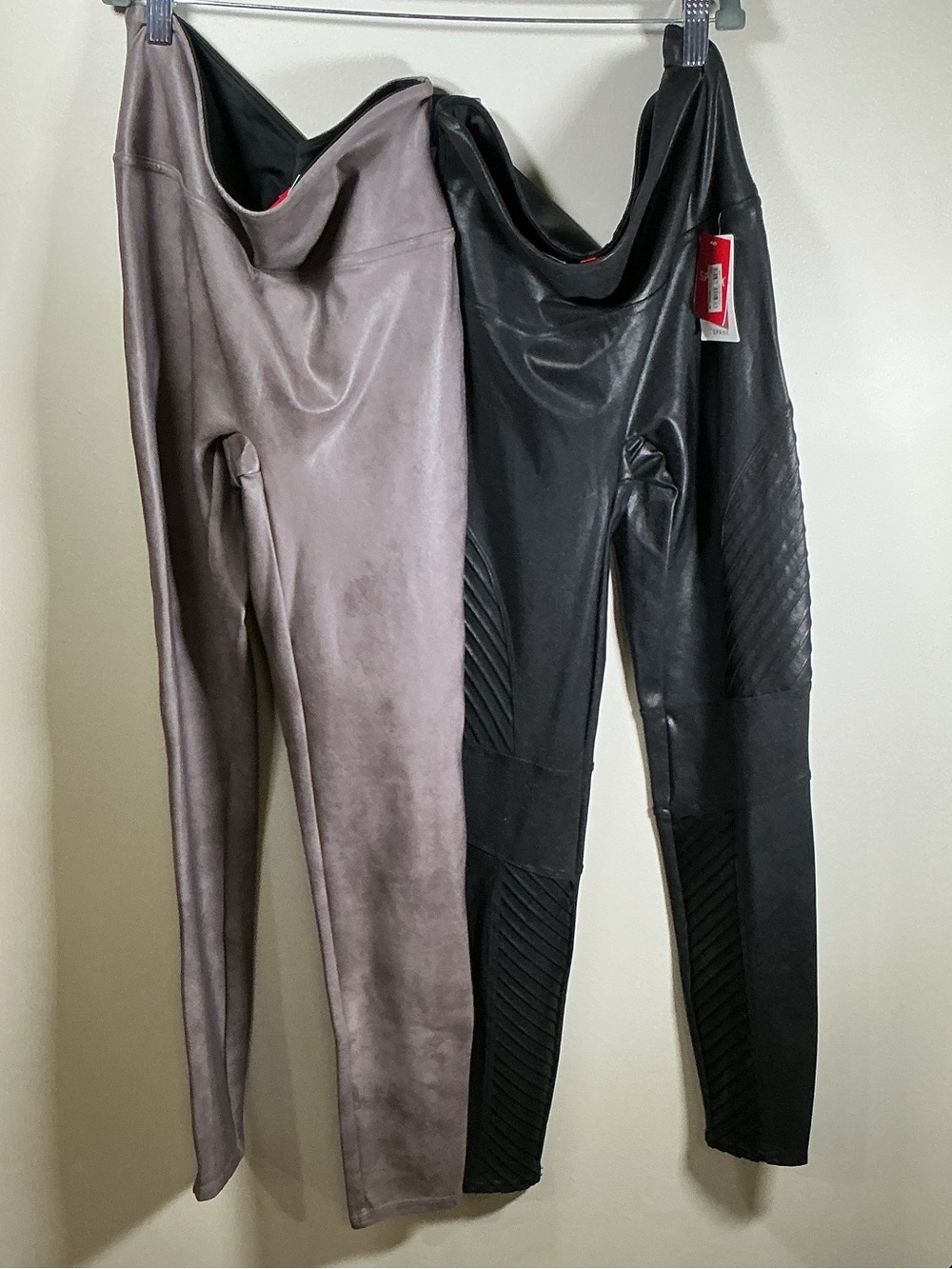 SPANX Faux Leather Leggings Bundle Black NWT + Taupe EUC Size Large
